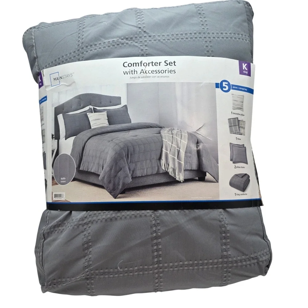 Mainstays King Comforter Set 5 Piece Grey Waffle Grid Bedding with Throw Pillow